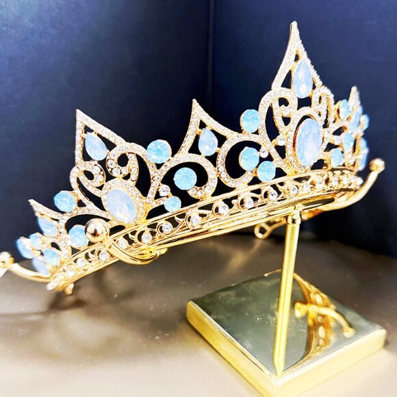 Gold Tiara and Crown for Women, Crystal Queen Crown, Baby Blue Princess Tiara - Picture 4 of 5